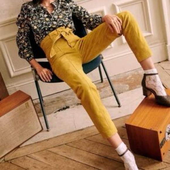 NWT Sezane Anderson High Rise Belted Trouser Pant In Ochre...